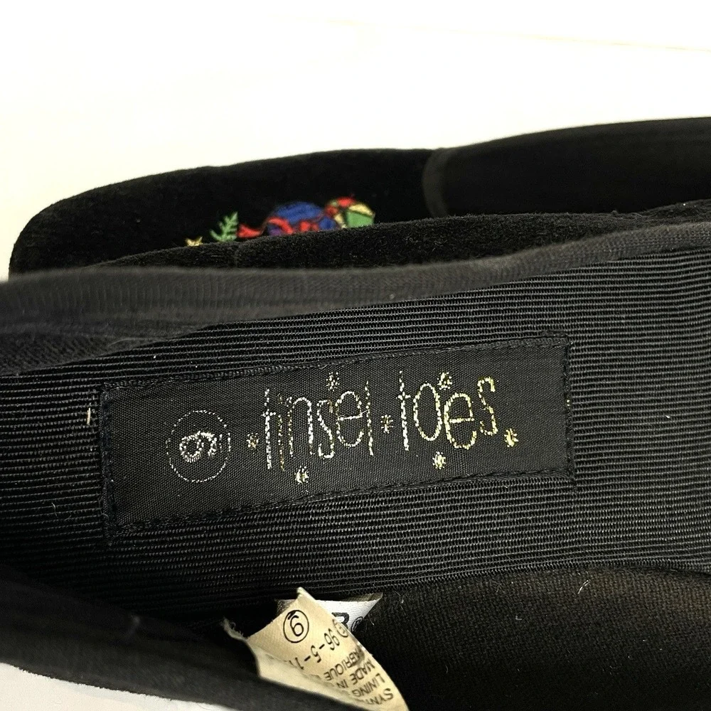 Tinsel Toes‎ Womens Black Velvet Holiday Christmas Bell Embroidered Flats Size 9